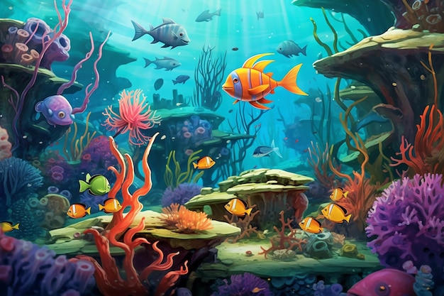 uma ilustração digital de uma cena subaquática caprichosa gerada pela IA