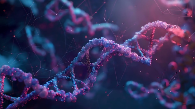 Uma ilustração digital de uma dupla hélice de DNA com uma rede de linhas de conexão enfatizando a complexidade