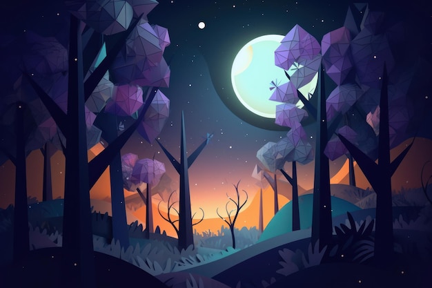 Uma ilustração digital de uma floresta com uma lua ao fundo.