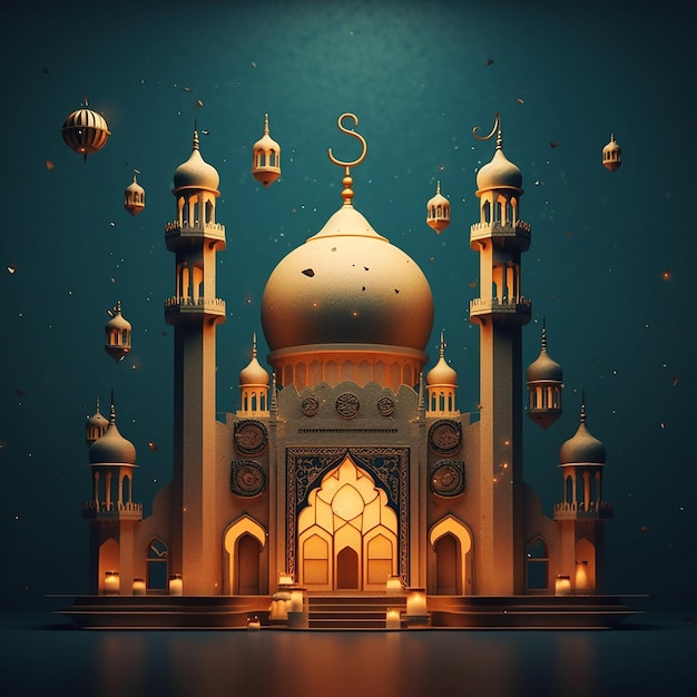 Uma ilustração digital de uma mesquita com uma lua e estrelas.