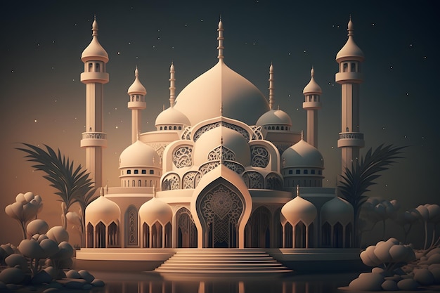 Uma ilustração digital de uma mesquita com uma palmeira ao fundo.