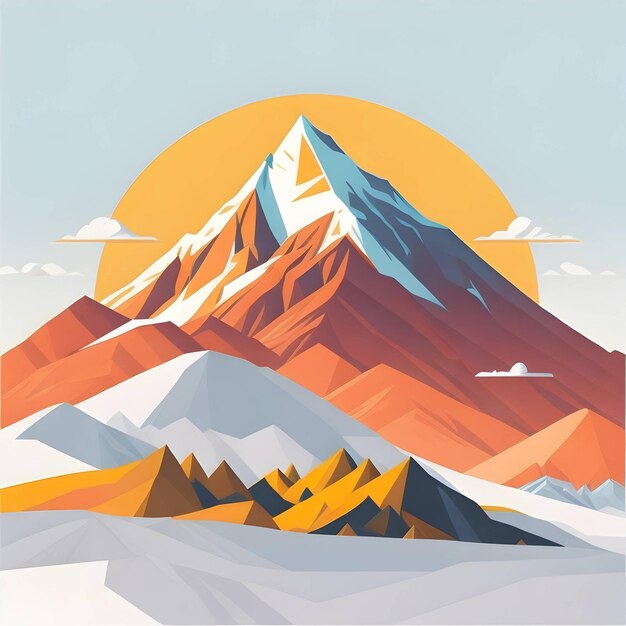 Uma ilustração digital de uma montanha com neve e o sol atrás dela