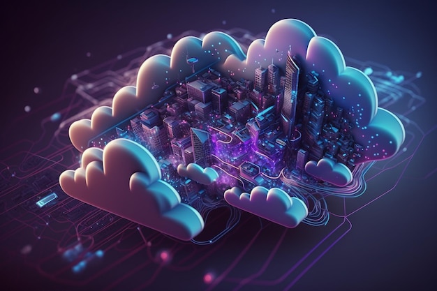 Uma ilustração digital de uma nuvem com uma cidade ao fundo.