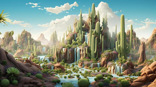 Uma ilustração digital de uma paisagem com uma cachoeira e montanhas ao fundo