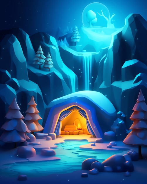 Uma ilustração digital de uma paisagem de neve com uma casa e uma cachoeira.