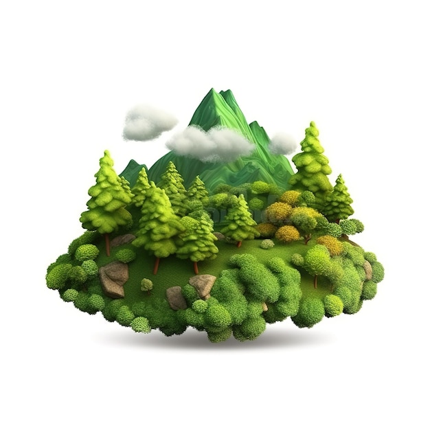 Uma ilustração digital de uma paisagem montanhosa com árvores verdes e montanhas.