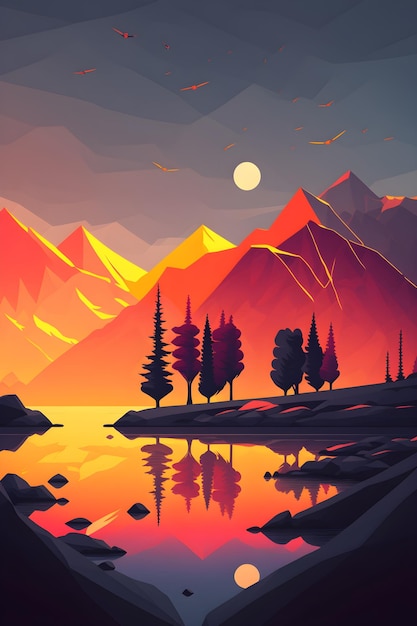 Uma ilustração digital de uma paisagem montanhosa com um lago e montanhas ao fundo.