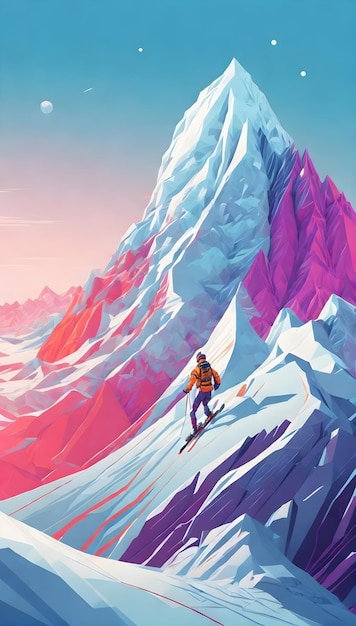 Uma ilustração digital de uma pessoa esquiando por uma cordilheira futurista em outro planeta