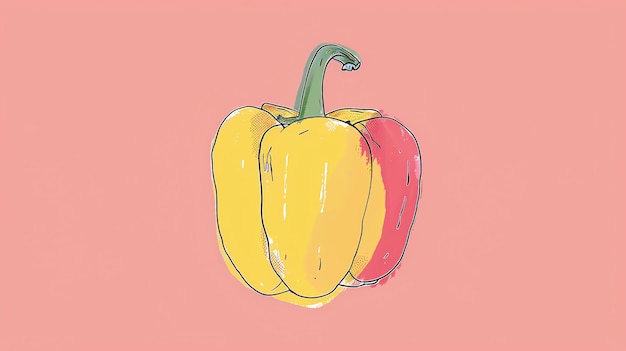 Uma ilustração digital de uma pimenta amarela A pimenta está voltada para a frente e tem um caule verde O fundo é uma cor rosa sólida