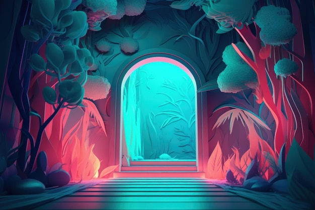 Uma ilustração digital de uma porta em uma floresta com uma luz azul e rosa.