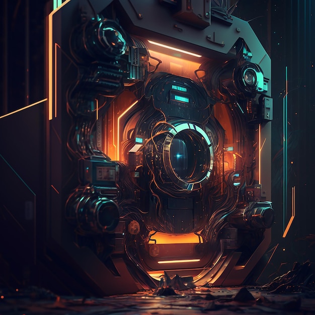 Uma ilustração digital de uma porta que diz 'cyberpunk' nela