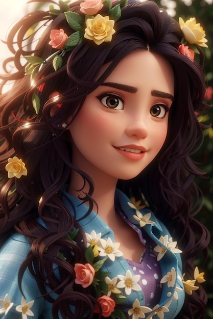 Uma ilustração digital de uma rapariga com uma flor no cabelo.