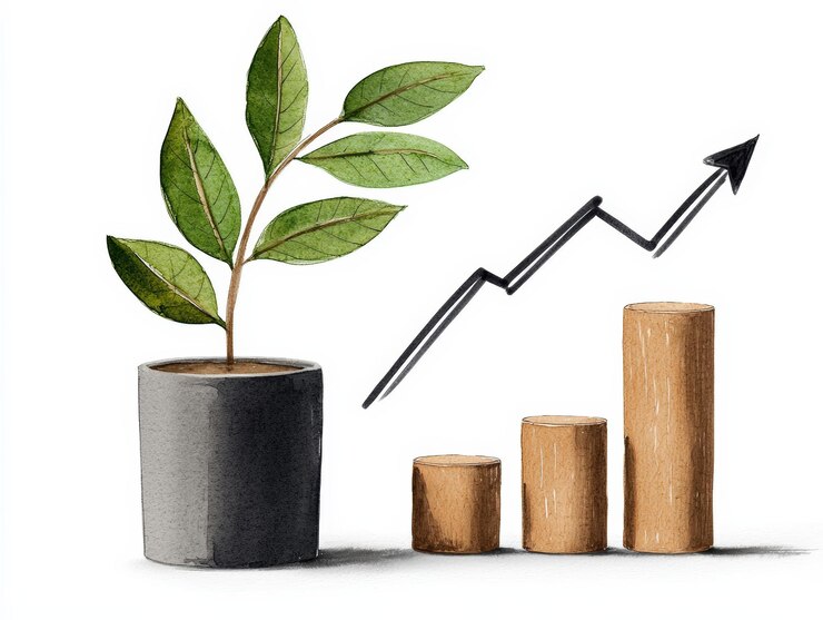 Foto uma ilustração do conceito de crescimento com folhas verdes de uma planta em vaso e um gráfico de tendência ascendente mostrando o sucesso e o potencial