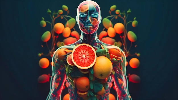 Uma ilustração do corpo humano com várias frutas