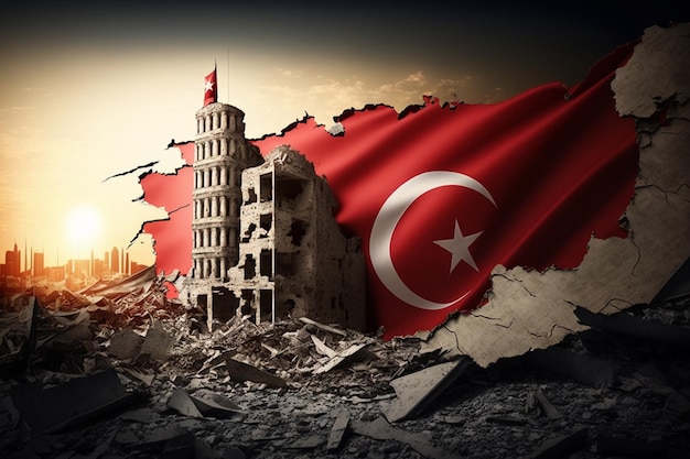 Uma ilustração do desastre do terremoto na Turquia com bandeira simboliza o recente terremoto e a calamidade que atingiu este país Generative Ai