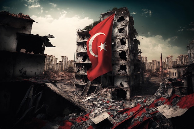 Uma ilustração do desastre do terremoto na Turquia com bandeira simboliza o recente terremoto