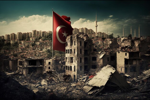 Uma ilustração do desastre do terremoto na Turquia com bandeira simboliza o recente terremoto