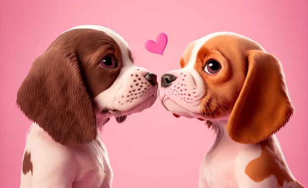 Foto uma ilustração do dia de são valentim com personagens de desenhos animados de cães pug beijando ia generativa