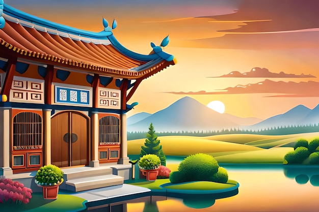Uma ilustração do estilo dos desenhos animados de uma casa chinesa com uma paisagem montanhosa ao fundo.