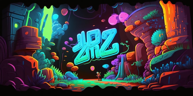 Uma ilustração do estilo dos desenhos animados de uma paisagem verde e azul com um personagem de desenho animado e as palavras 'z '