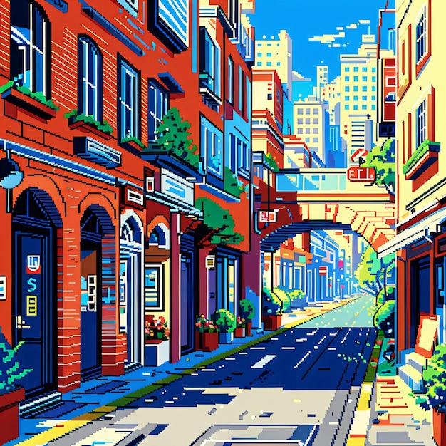 Uma ilustração do estilo dos desenhos animados de uma rua com um sinal que diz 'loja' nele.