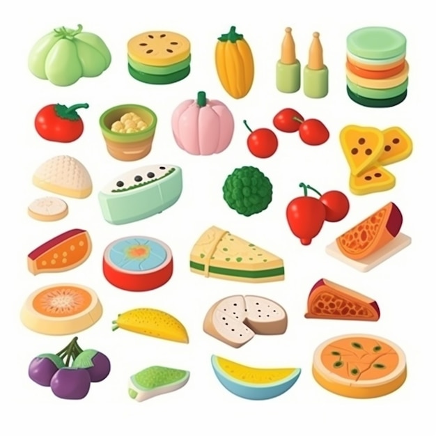 Uma ilustração dos desenhos animados de diferentes alimentos, incluindo uma variedade de vegetais.