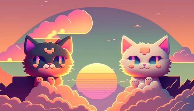 Uma ilustração dos desenhos animados de dois gatos em uma nuvem com o sol atrás deles.