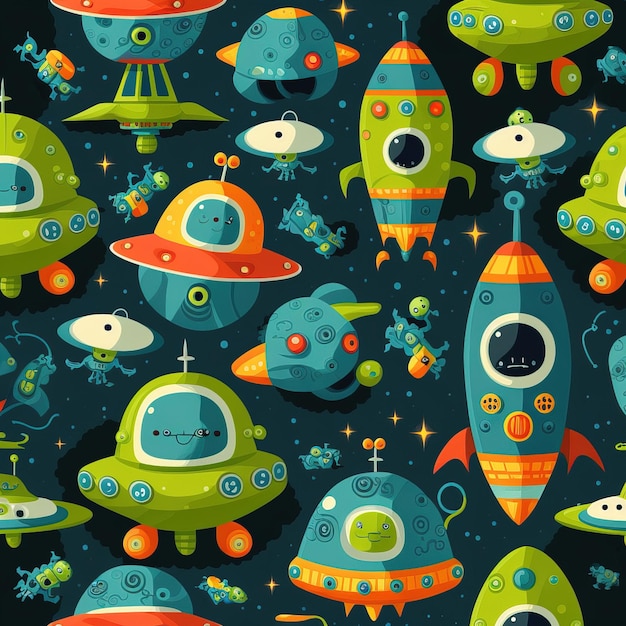Uma ilustração dos desenhos animados de naves espaciais e alienígenas