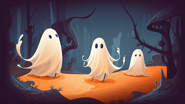 Uma ilustração dos desenhos animados de três fantasmas em um deserto com um fundo escuro