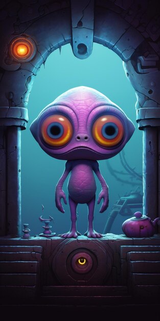 Uma ilustração dos desenhos animados de um alienígena roxo com