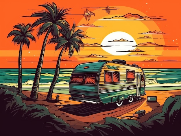 Uma ilustração dos desenhos animados de um campista em uma praia com palmeiras e o sol ao fundo.