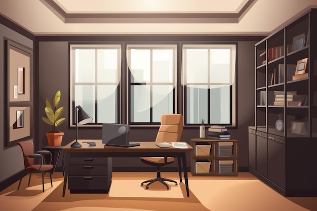 Uma ilustração dos desenhos animados de um escritório em casa com uma mesa e uma estante.