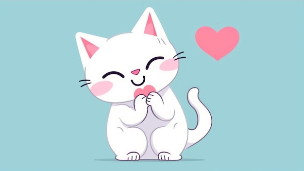 Uma ilustração dos desenhos animados de um gato branco com corações rosa sobre um fundo azul.