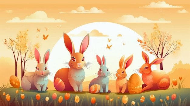Uma ilustração dos desenhos animados de um grupo de coelhinhos da Páscoa e ovos.