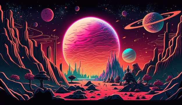 Uma ilustração dos desenhos animados de um planeta com um planeta e um planeta no fundo.