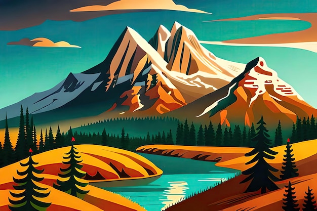Uma ilustração dos desenhos animados de um rio com uma montanha ao fundo