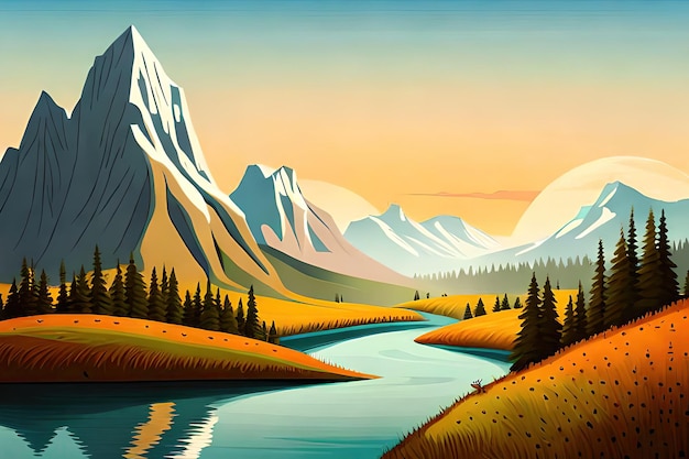 Uma ilustração dos desenhos animados de um rio com uma montanha ao fundo