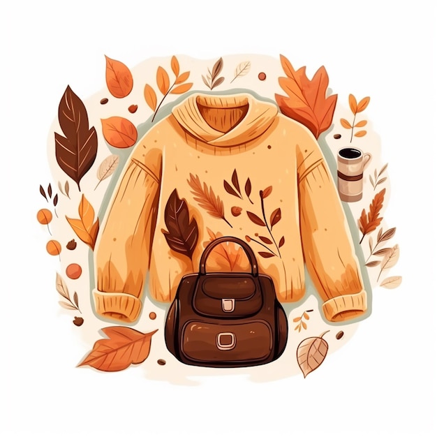 uma ilustração dos desenhos animados de um suéter e uma bolsa cercada por folhas ai generativa