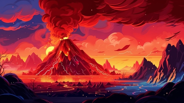 Uma ilustração dos desenhos animados de um vulcão em erupção de lava no céu generativo ai