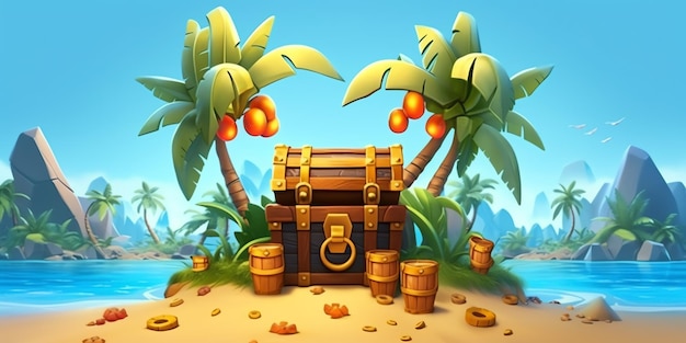 Uma ilustração dos desenhos animados de uma arca do tesouro em uma ilha tropical.