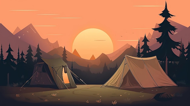 Uma ilustração dos desenhos animados de uma barraca de acampamento perto de um lago da floresta na viagem de exploração ao ar livre do pôr do sol