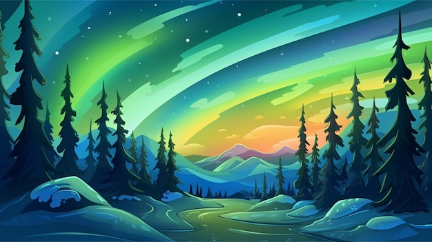 Uma ilustração dos desenhos animados de uma bela aurora boreal no céu generativo ai