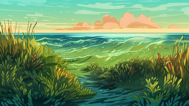 Uma ilustração dos desenhos animados de uma bela cena de praia com um caminho para o oceano generativo ai