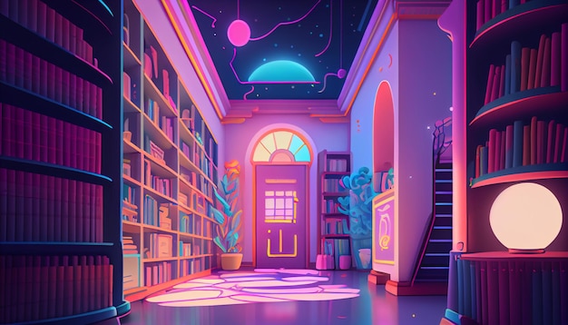 Uma ilustração dos desenhos animados de uma biblioteca com uma estante e um teto com um fundo do céu.