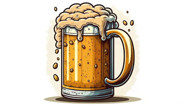 Uma ilustração dos desenhos animados de uma caneca de cerveja com espuma nele.