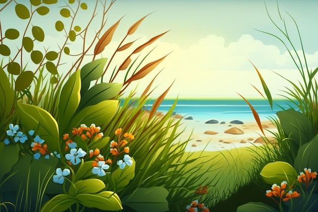 Uma ilustração dos desenhos animados de uma cena de praia com flores e grama.