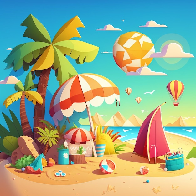 Uma ilustração dos desenhos animados de uma cena de praia com uma cena de praia e uma palmeira e um guarda-sol.