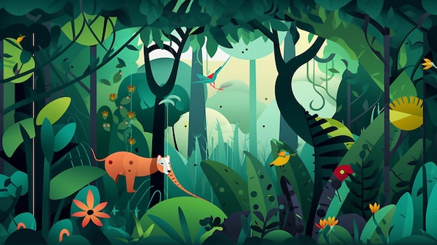 Uma ilustração dos desenhos animados de uma cena de selva com uma girafa e um pássaro.