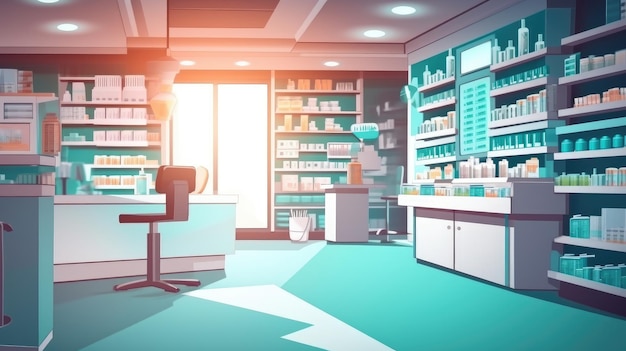 Uma ilustração dos desenhos animados de uma farmácia com um tapete azul e uma prateleira com medicamentos.