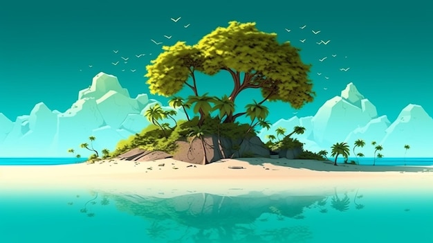 uma ilustração dos desenhos animados de uma ilha tropical com uma árvore e montanhas geradoras de IA